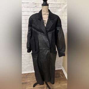 G-lll Black Leather Trench Coat Long Jacket Med Embroidered Duster Paisley Goth